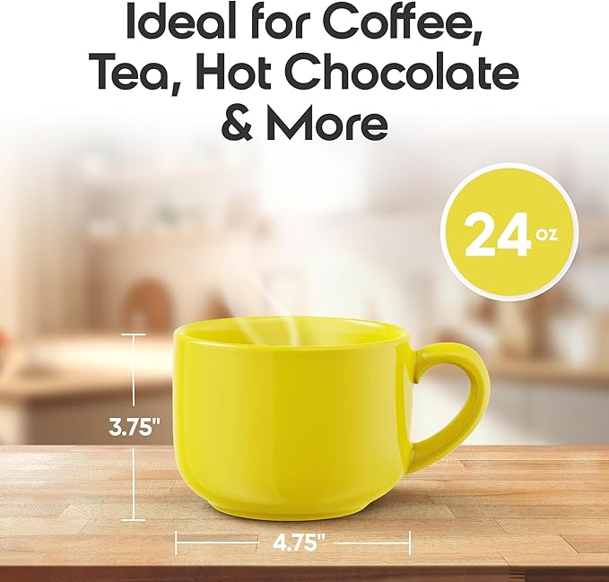 Omniware Teaz Cafe 24oz Jumbo Mug, Set of 4 - Rustic Stoneware, Oversized Handle, Dishwasher Safe, Lead-Free Glaze - Vintage-Inspired Farmhouse Cup for Coffee, Tea, Soup (Yellow)