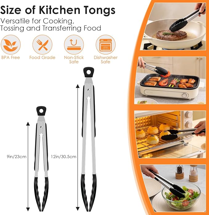 HOTEC Silicone Kitchen Tongs Set of 2-9" and 12" Locking Stainless Steel Cooking Tongs with Silicon Tips Non-Scratch Heat Resistant 600°F for BBQ, Grill, Air Fryer & Serving