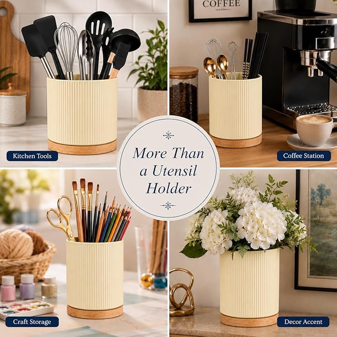QUELIEN Utensil Holder, 360° Rotating Ceramic Kitchen Utensil Holder for Countertop, 7.7" Utensil Crock for Kitchen Counter with Rotatable Wooden Base,Ideal Housewarming Gift & Mothers Day Gift