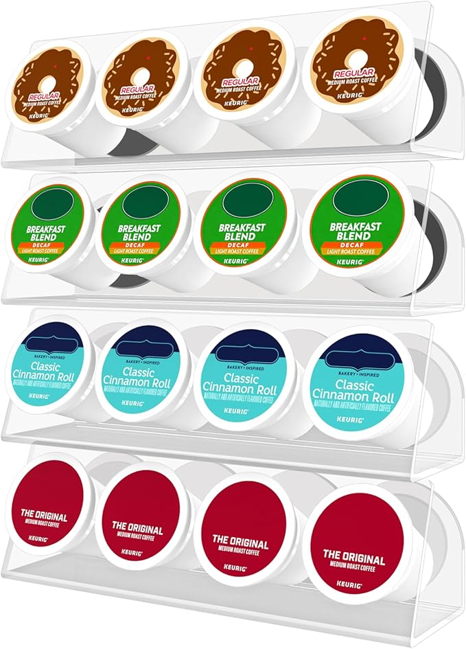 4 Pack Small Acrylic K Cup Holder, Sticky Adhesive & Magnetic Coffee Pod Organizer, Reusable K Cup Stand for Cabinet Door, Fridge, Kitchen, Holds 16 K-Cups - Clear