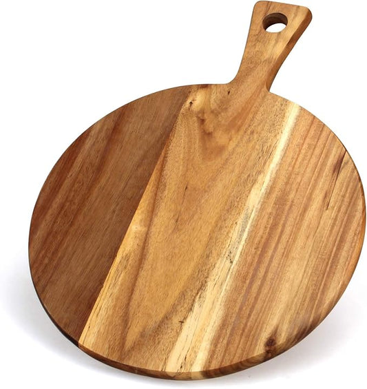 21"x16" XL Extra Large Acacia Wood Cutting Board with Handle Round Wooden Charcuterie Boards Meat Chopping Board Bread Serving Cheese Platter Big Pizza Cutting Boards for Kitchen Carving Butcher Board