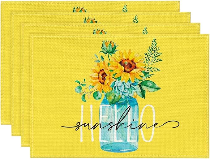 Bloss Yellow Hello Sunshine Sunflower Summer Placemats Set of 4, 12 x 18 Inch Spring Seasonal Holiday Decoration Rustic Vintage Washable Table Mats, Placemats for Dining Table