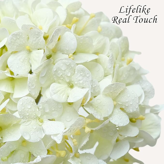 JINWOE White Flowers Hydrangea Artificial Flowers, 4Pcs 20" Real Touch Lifelike Faux Silk Flowers, Full Fake Artificial Hydrangeas with Stems for Bouquet Table Centerpieces Spring Home Decoration