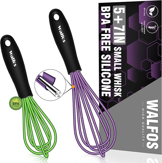 Walfos Mini Silicone Whisk, 5-7Inch, Heat Resistant (480F), Purple & Green
