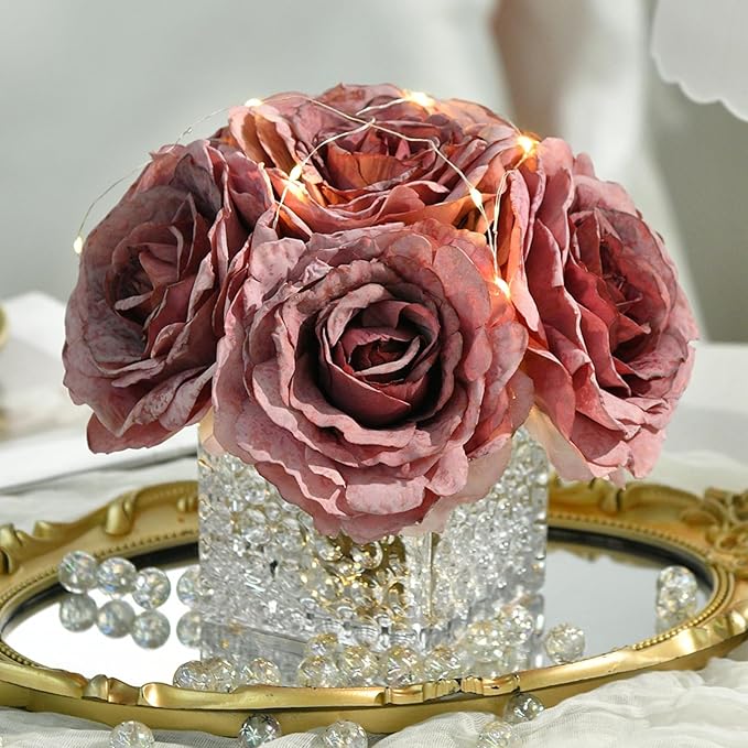 Artificial Rose in Glass Vase Vintage Silk Flower Arrangement with LED Light for Table Centerpiece Home Wedding Decoration (Plum Purple)