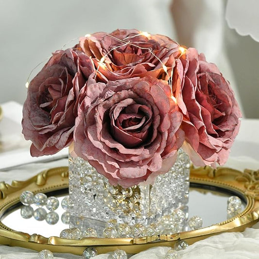 Artificial Rose in Glass Vase Vintage Silk Flower Arrangement with LED Light for Table Centerpiece Home Wedding Decoration (Plum Purple)