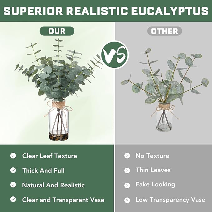 15.74” Artificial Eucalyptus Stems in Glass Vase with Faux Water & Natural Stones, Lifelike Fake Greenery for Modern Farmhouse Home Decor, Bathroom Decor, Office Desk Centerpiece