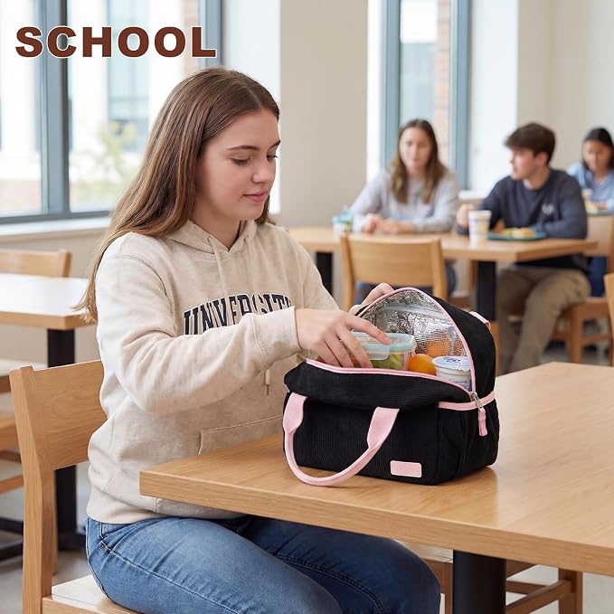 LEDAOU Lunch Box for Women Insulated Lunch Bag Cute Lunchbox Compact Cooler Thermal Reusable Lunch Tote for Work School Picnic Travel (Black-Pink)