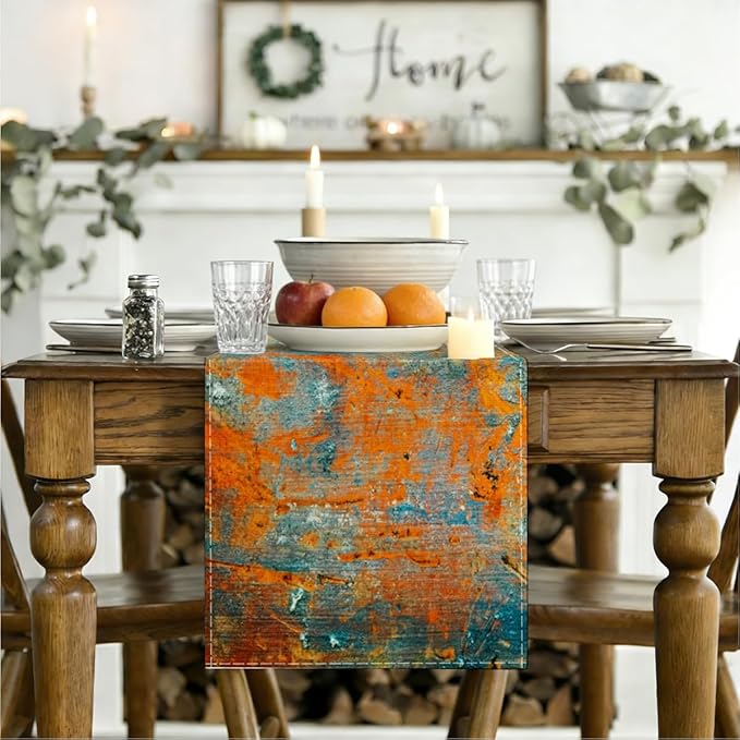 Modern Abstract Teal Yellow Colorful Table Runner Summer Runners for Tables Rustic Spring Fall Decorations for Living Room Kitchen Home Party Indoor Outdoor Table Decor 13 x 72 Inches