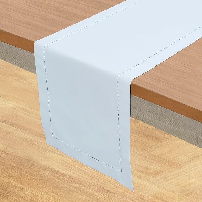 Solino Home Table Runner 90 Inches Long - Cotton Linen Hemstitch Light Blue Table Runner 14 x 90 Inch for Spring, Summer