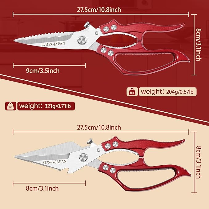 Huusk Heavy Duty Kitchen Shears Set – All Purpose Japanese Kitchen Scissors for Chicken, Meat, Fish, Vegetables & Pizza, Poultry Shears with Ergonomic Non-Slip Red Handle, Gifts for Women Men