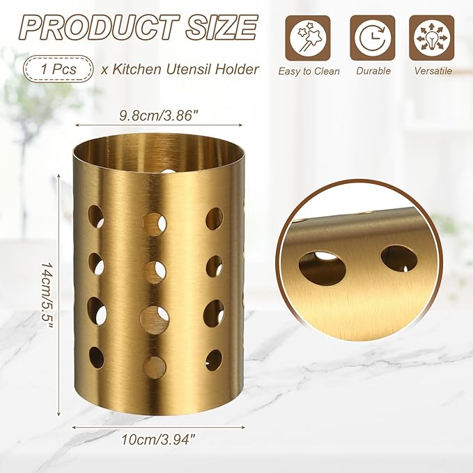 uxcell Kitchen Utensil Holder, 3.9x5.5 Stainless Steel Utensil Cutlery Holder Round Flatware Organizer with Drain Hole for Kitchen Restaurant Countertop Straw, Spoon, Chopstick, Gold