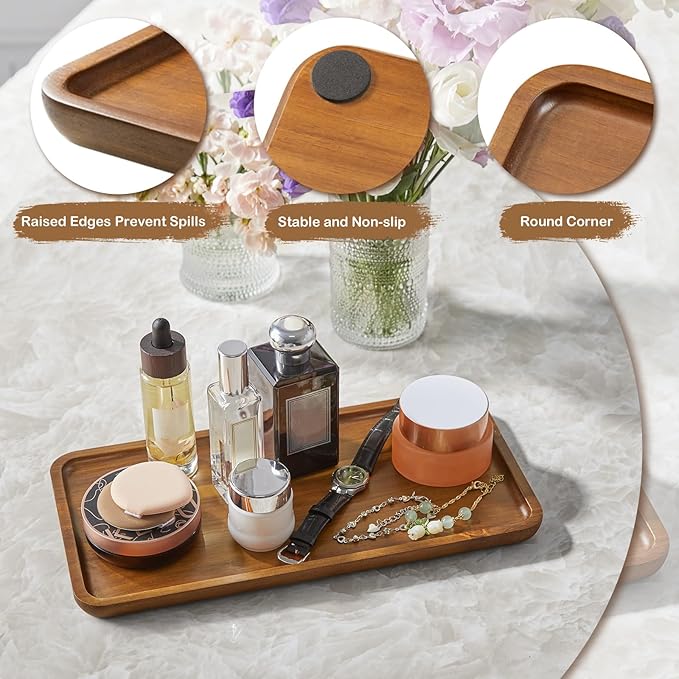 Small Acacia Wood Serving Tray – 12 Inch Rectangular Wooden Decorative Tray for Food, Appetizers, Snacks, Desserts, Coffee Table, Bathroom, Entryway, Vanity, Home Decor Organizer