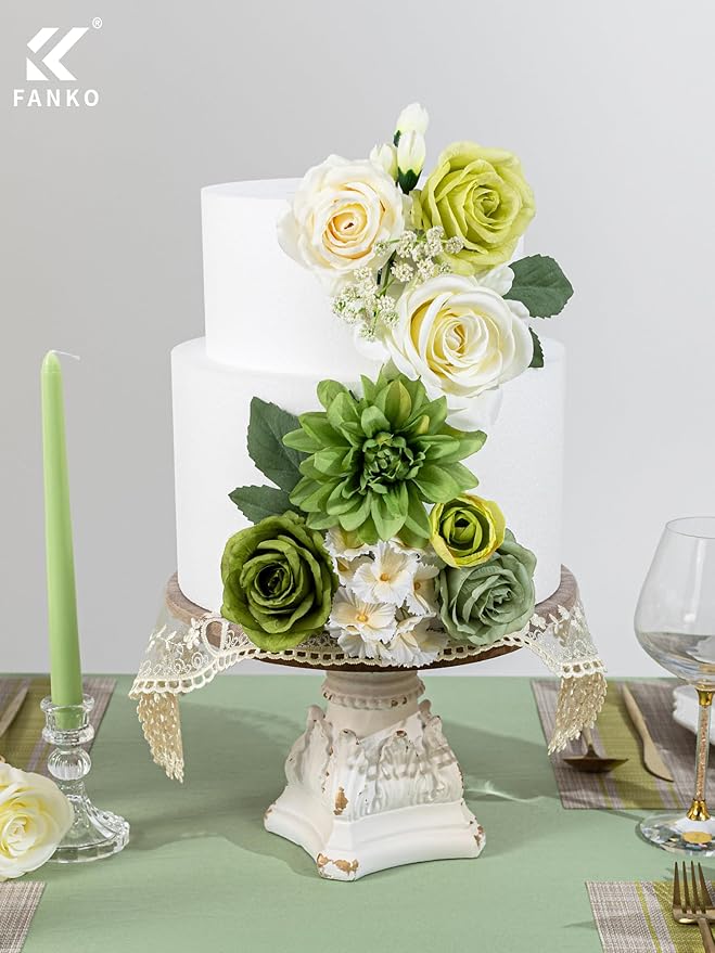 FANKO Artificial Flowers for DIY, Green White Faux Flowers Bouquet, Fake Rose Dahlia Daisy Hydrangea Silk Flowers for Vase, Home Decor, Garlands, Garden Wedding, Party, Housewarming
