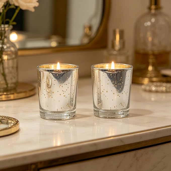 Hosley Set of 8 Metallic Mercury Glass Votive Tealight Candle Holders – Choice of Colors, Perfect for Parties, Weddings, Events, Aromatherapy, and Daily Use (Silver)