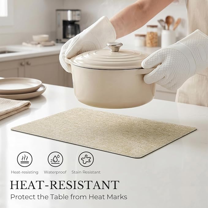Romanstile Vinyl Placemats Set of 6, Reversible Faux Leather Heat Resistant Wipeable Table Mats, Waterproof Washable Non-Slip Table Placemats for Dining/Kitchen/Party/Outdoor (Grey Beige, 12" x 17")