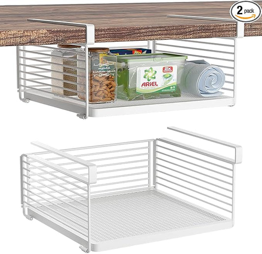 Under Shelf Storage Basket, Hanging Wire Basket with 1.13 Inches Thick Clips for Kitchen, Pantry or Laundry Room, Under Cabinet or Desk Storage Organizer, White, 13.75" L-Mesh Bottom, 2 Pack