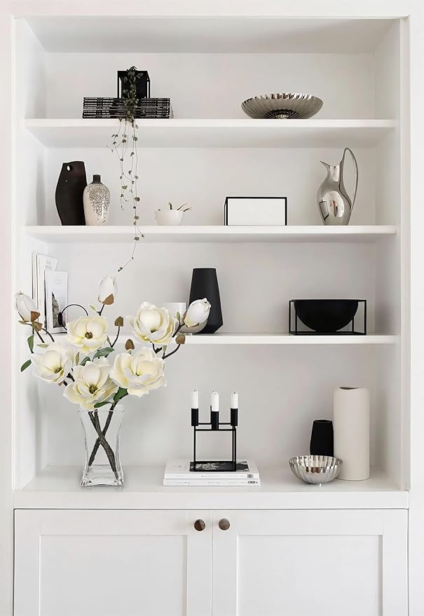 Briful Artificial Magnolia Flower Arrangement with Glass Vase, 18.5in White Faux Magnolia Flowers Fake Floral Centerpiece for Eleglant Home Office Room Table Shelf Décor