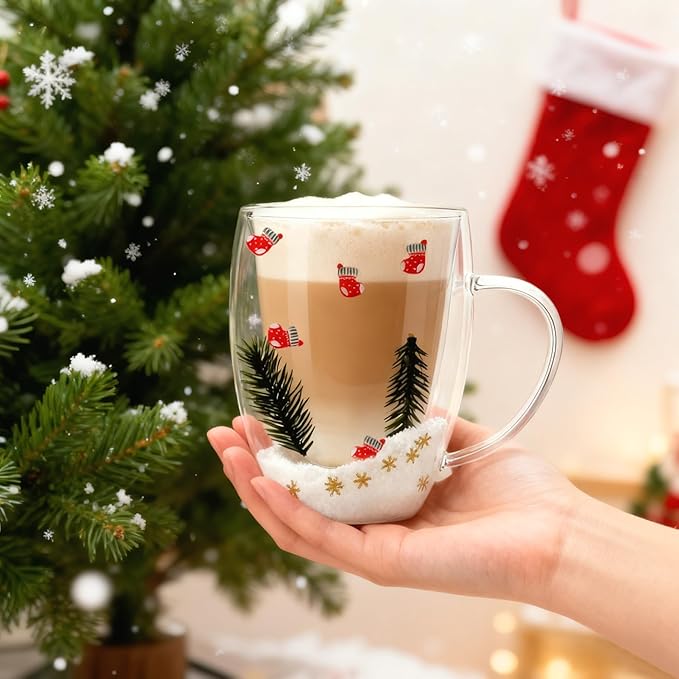 Christmas Glass Coffee Mugs Set Of 4-12oz Double Wall Insulated High Borosilicate Glasses Mugs With Handle For Latte,Cappuccino,Tea Bag