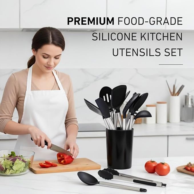 Silicone Kitchen Utensils Set 33 PCS Heat Resistant Food Grade Silicone Utensils Set for Cooking with Stainless Steel Handles BPA Free Kitchen Gadgets Tools Set with Holder Safe for Nonstick Cookware