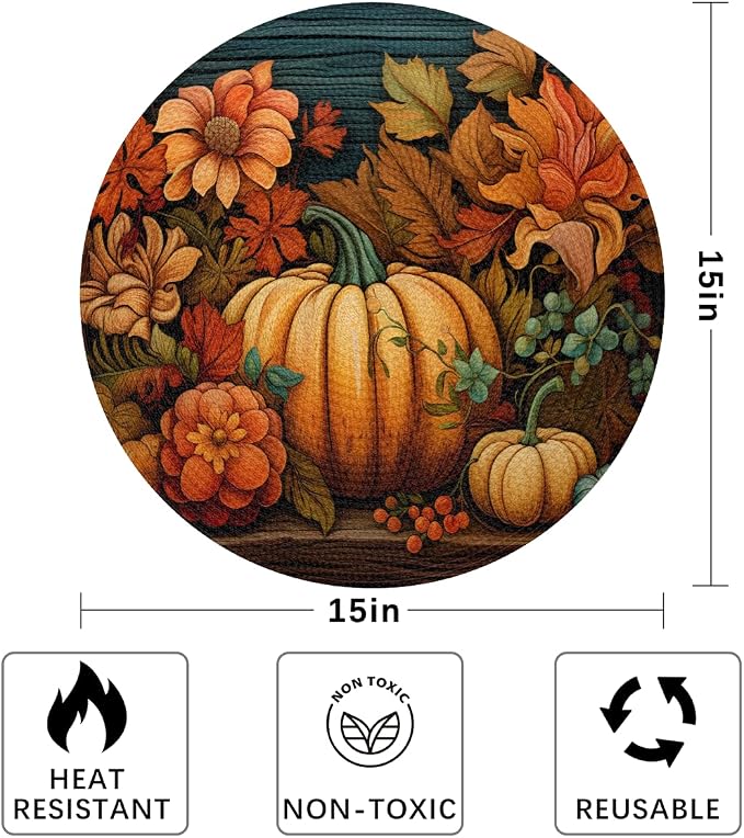 Round Placemats Set of 6, Autumn Pumpkin Sunflowers Leaves Woven Placemats Mats Non-Slip Heat Resistant Washable Table Mats Round Braided Place for Farmhouse Kitchen Dining Party Decor 15in