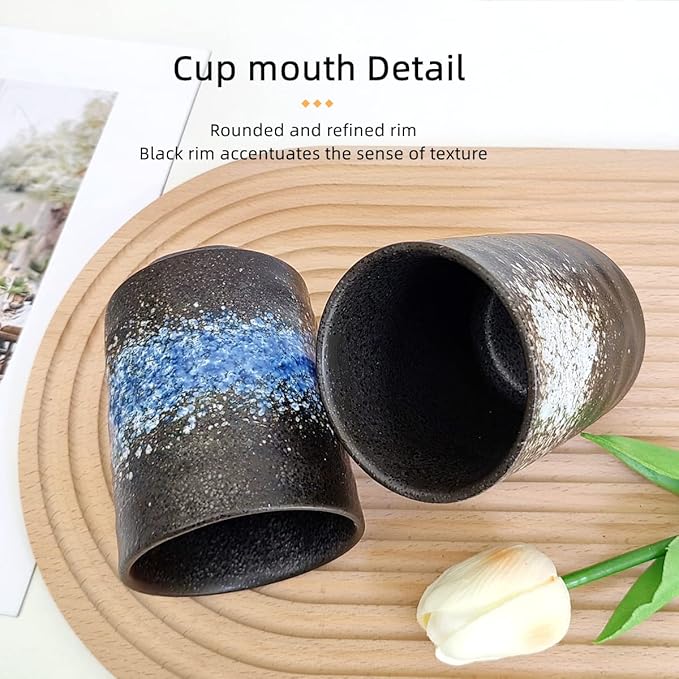 Japanese Tea Cup Set of 2, Ceramic Porcelain Tea Mugs No Handle, Asian Model Teacup for Matcha, Green Tea, Cappuccino, Sake (9oz Black)
