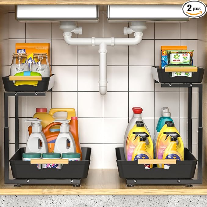 2 Pack Under Sink Organizer, 2 Tier Pull Out Under Sink Organziers and Storage, Height Adjustable Slide Out Under Sink Cabinet Organizer for Kitchen Bathroom Laundry