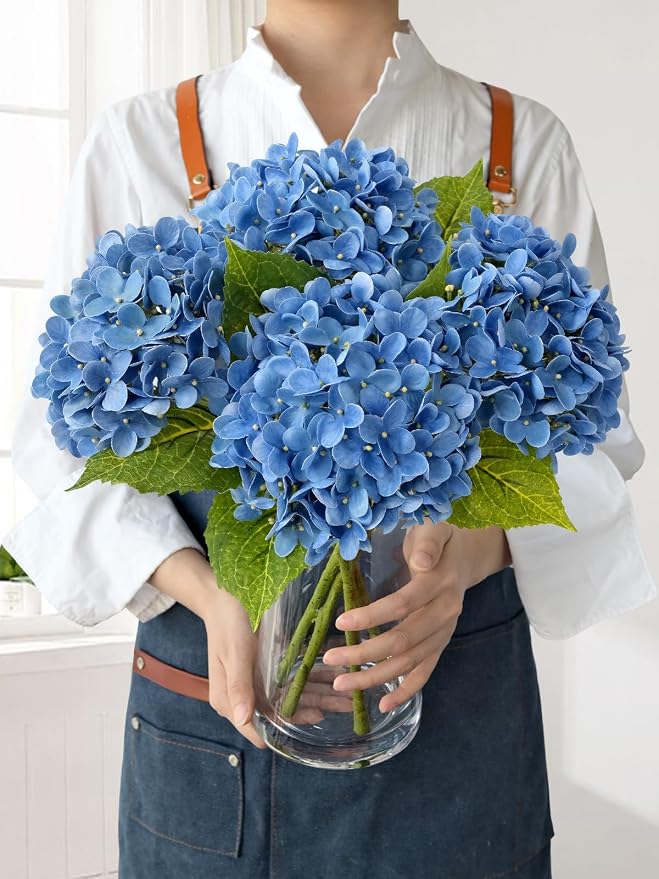 JINWOE Savoy Blue Boho Artificial Hydrangeas Flowers, 4Pcs 20" Real Touch Lifelike Silk Artificial Hydrangeas, Full Fake Flowers for Bouquets Table Centerpieces Spring Wedding Indoor Home