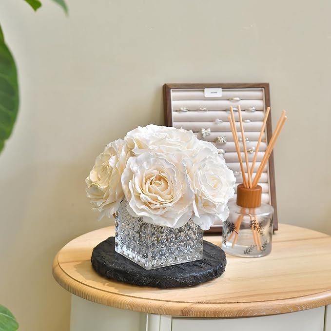 Artificial Rose in Glass Vase Vintage Silk Flower Arrangement with LED Light for Table Centerpiece Home Wedding Decoration (Cream)