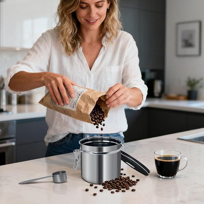 1.2L Airtight Vacuum Coffee Canister, Stainless Steel Storage Container for Coffee Beans and Grounds with Scoop.Suitable for coffee powder, coffee beans, rice, tea leaves, sugar, flour, and grains