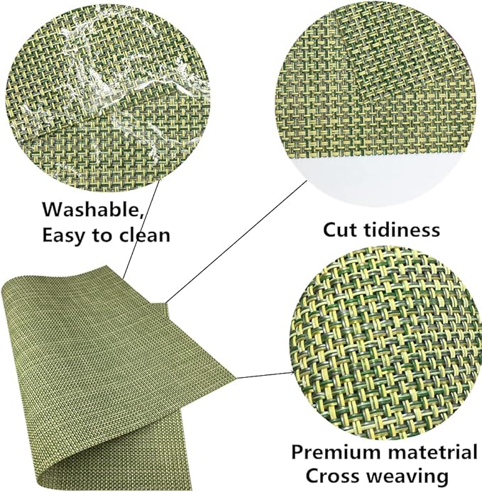 WAZAIGUR Placemats,Easy to Clean Crisscross Woven Vinyl Place Mats Durable Non-Slip Heat Resistant Table Mats,Placemats for Kitchen Table Set of 6,Green and Yellow