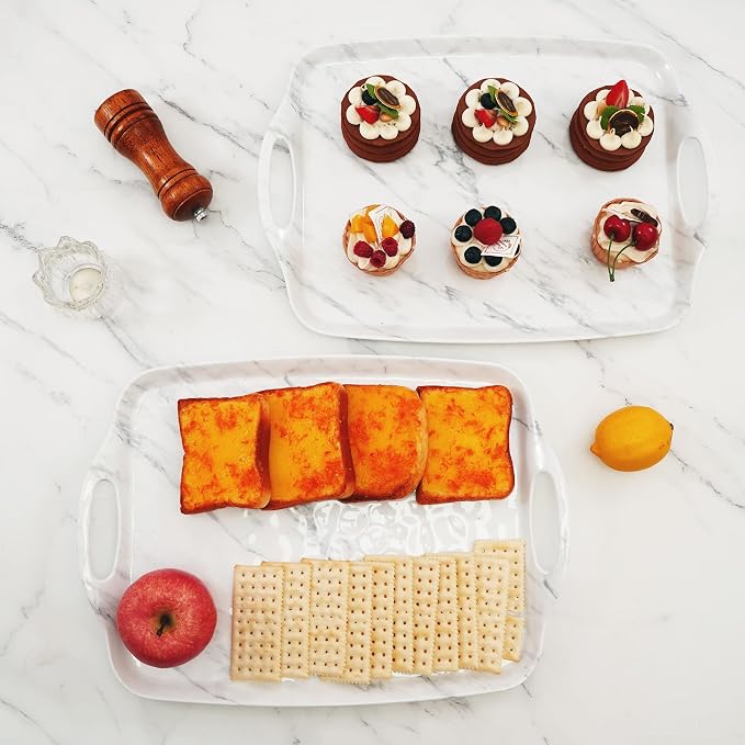 TP Large Serving Trays with Handles, 19" x 12" Melamine Serving Platters for Food, Turkey, Set of 2 Rectangular Trays for Party, White Marble
