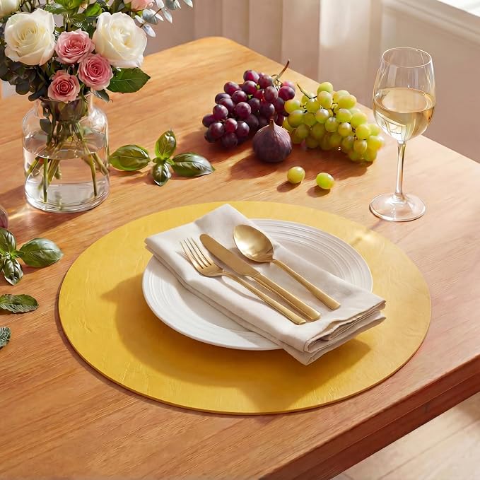 Artoid Mode Yellow Faux Leather Placemats Set of 6, 15 Inch Waterproof Wipeable Heat Resistant Vinyl Place Mats, Reversible Table Mats for Summer Kitchen Dining Decor
