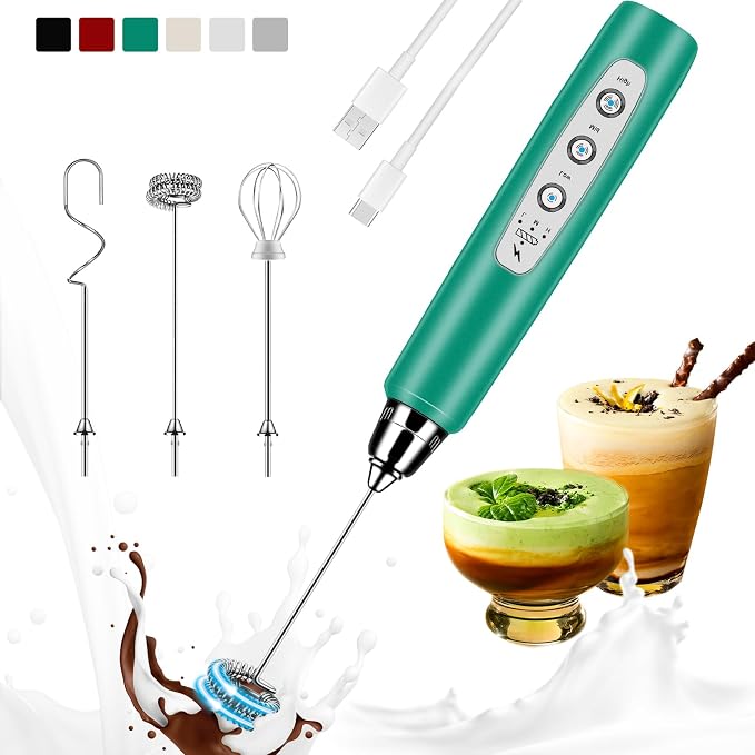 Colarlemo Milk Frother Handheld Rechargeable, Frother Wand Drink Mixer Electric Whisk for Coffee, Detachable With 3 Stainless Whisks, Hand Mixer for Lattes, Cappuccino, Matcha, Egg, No Stand, Green