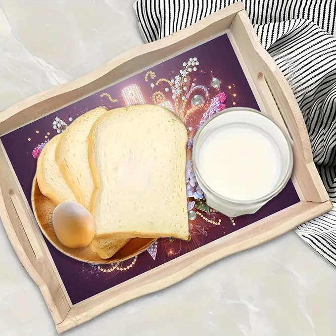 BAYUNOE DIY Diamond Serving Tray Rectangular Breakfast Tray with Handle Handmade Diamond Art Painting Wooden Tray Spring Creative Dinner Plate Coffee Room Living Home Organizer-Glowing Cross
