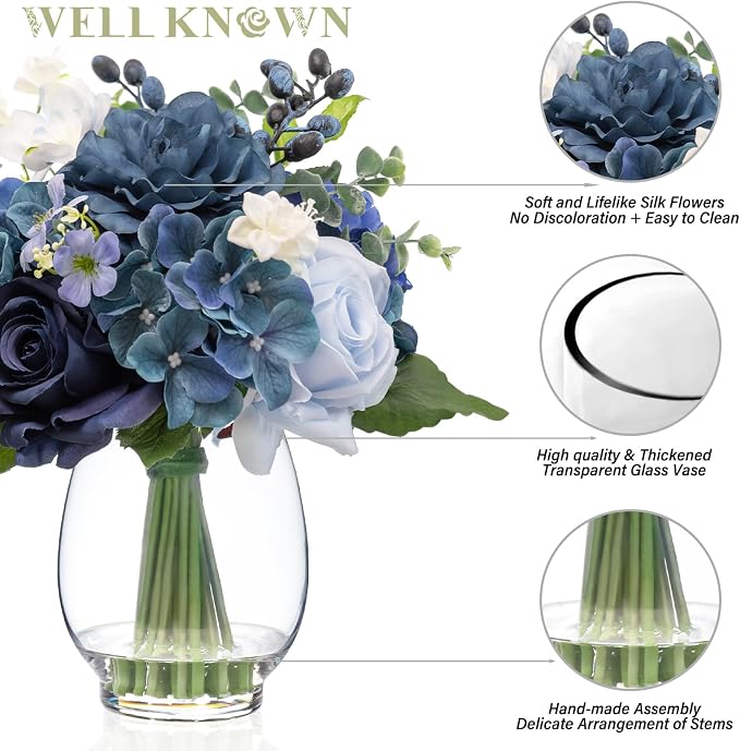 WELL KNOWN Fake Flowers in Vase with Fake Water, Artificial Flowers Indoor Arrangements, Faux Silk Blue Berry Rose Hydrangea Dining Table Centerpiece for Home Wedding Party Decor & Gift (Navy Blue)