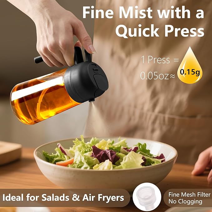 SWEET VIEW 2PCS Oil Sprayer for Cooking, 16oz/470ml Glass Oil Dispenser/Pour Bottle, Kitchen Accessories, Kitchen Gadgets for Air Fryer, Salad, BBQ, with Stickers (Black,Black)