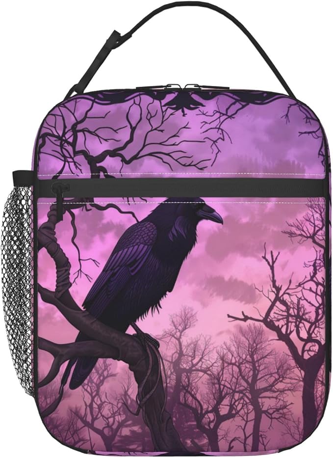 Gothic Raven Forest Lunch Bag for Women Men Adults, Insulated Lunch Box for Work, Sports, Travel, Picnic, Hiking, Fishing, Dark Purple Crow Theme Lunchbox Gifts