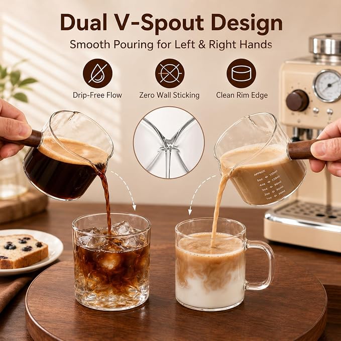 5oz Espresso Cups Set of 2, Double Spout Clear Borosilicate Glass with Anti-Scalding Wooden Handle, Heat Resistant Small Glass Mug for Double Shot Espresso, Latte, Cappuccino, Coffee Accessories