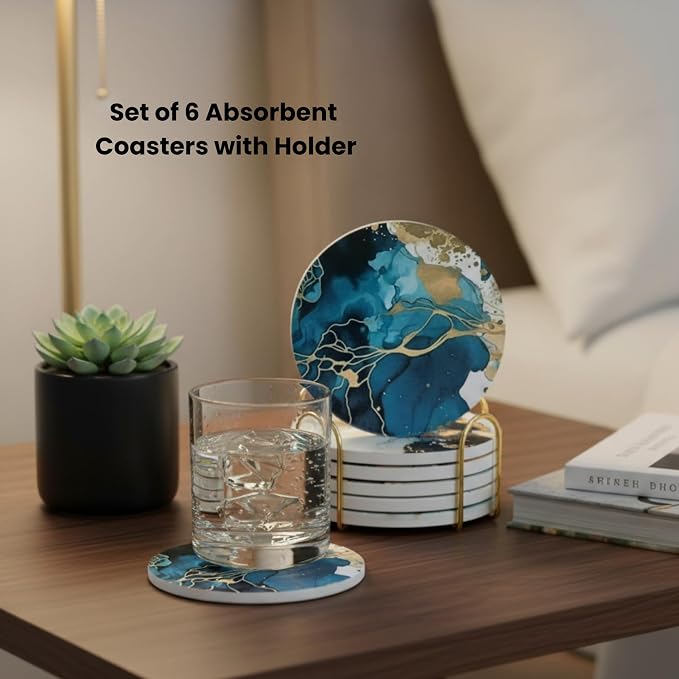 Colorful Ceramic Marble Coasters Set of 6, Cute Moisture Absorbing Coaster, Coffee Table Decor, Stone Absorbent Drink Coasters