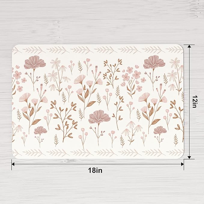 QIYI Placemats Set of 6, 12x18 Inch Faux Leather Place Mats for Kitchen Dinning, Heat Resistant Anti Slip Floral Table Mats, Waterproof Wipeable Washable Placemat Party Beige Table Décor, Pink Flowers