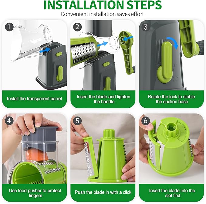 Ourokhome Rotary Cheese Grater Cheese Shredder with 5 Interchangeable Blades, Rotary Grater with Non-slip Suction Base Hand Crank Slicer for Vegetable Nuts Grey