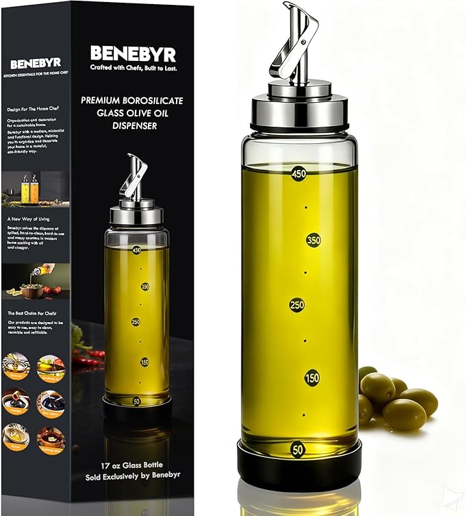 Glass Olive Oil Dispenser Bottle for Kitchen Shatterproof & Leakproof Cooking Oil Dispenser with Stainless Steel Spout & Rubber Bottom 17 oz Heat Resistant Olive Oil Bottle