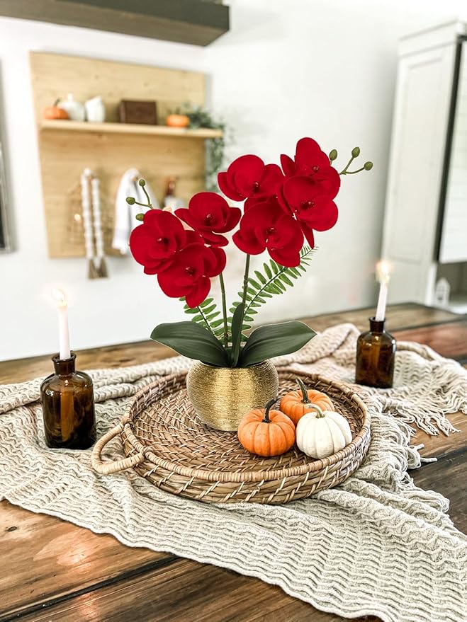 Briful Orchid Fake Flowers 13'' Red Silk Orchid Artificial Flowers with Gold Pot Small Faux Orchid Arrangement for Home Office Dining Room Table Centerpiece Shelf Decor