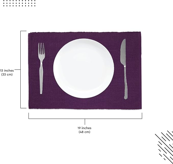 Encasa XO Dining Placemat Set of 6 | Purple Color | Fine Ribbed Cotton Table mat | Size 19x13 in | Machine Washable