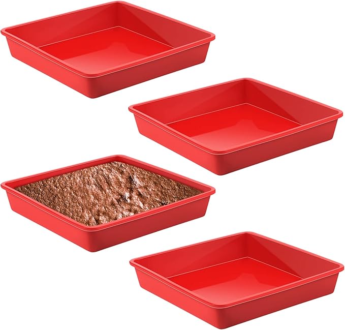 Geetery 7.5 Inch Silicone Square Cake Pan 4 Pack Silicone Brownie Pan Nonstick Baking Mold for Brownie Cake Bread Muffin Rice Crispy Lasagna Pie, Red