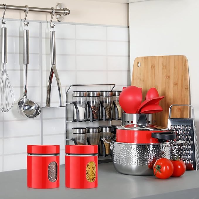 6 Pack Kitchen Canisters Set 20 oz Airtight Stainless Steel Canister Food Storage Container with Window Glass, Coffee Sugar Candy Jars Tea Organizer for Flour Cookies Spices Grains Kitchen(Red)