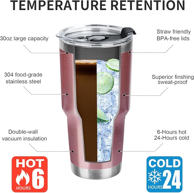 30 oz Tumbler with Lids and Straws Double Wall Vacuum Insulated Tumbler Cup,Stainless Steel Leak-proof Thermal Tumbler Travel Coffee Mug for Cold and Hot Drinks,Rose Gold