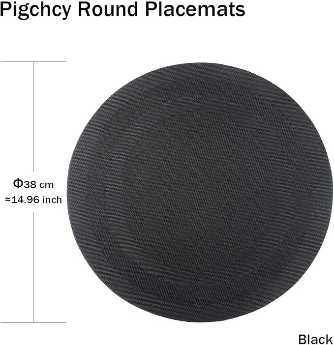 PIGCHCY Round Placemat Set of 6 Heat Resistant Vinyl Washable Kitchen 15 inch Placemats for Home Indoor Outdoor Party (Black)