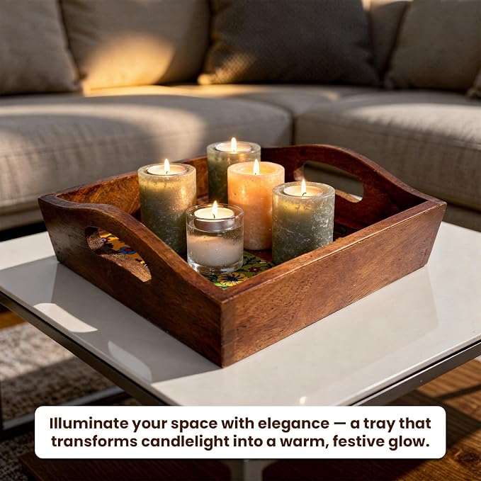 Craft Trade Square Mango Wood Serving Tray with 4 Fitted Ceramic Tiles Multipurpose Wooden Serving Platter with Handles, Decorative Tea Coffee Snack Tray for Home Kitchen Dining & Gifting - 9x9x3 Inch